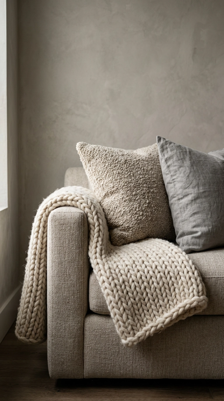 Beige bouclé, grey linen, and cream knit textures layered on a sofa arm