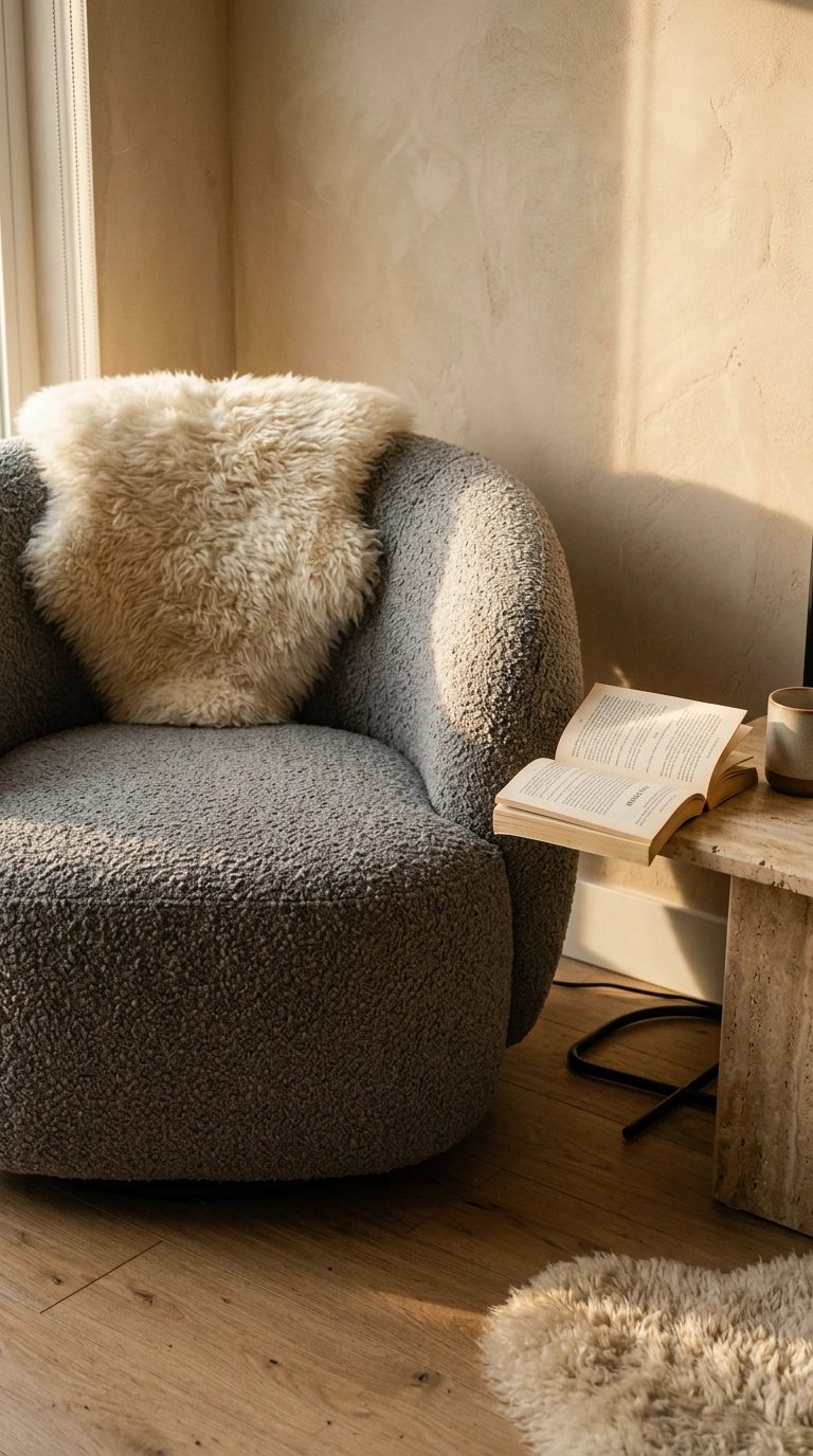Grey wool bouclé armchair with a cream sheepskin against beige plaster walls