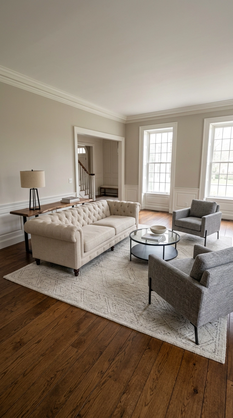 Beige sofa floated off the wall with a walnut console in a grey and beige living room