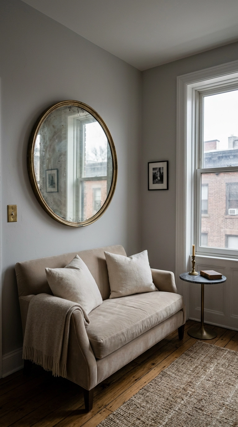 Round antiqued brass mirror above a beige velvet loveseat in a grey living room
