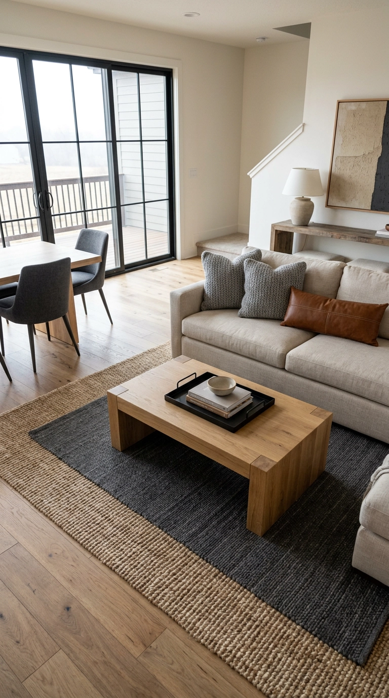 Layered beige jute and grey wool rugs under an oatmeal sectional in a grey and beige living room