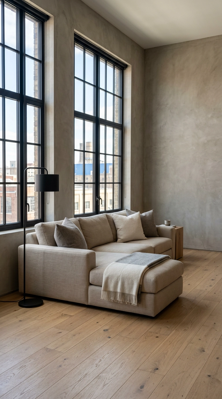 Matte black floor lamp and window frames in a beige and grey loft living room