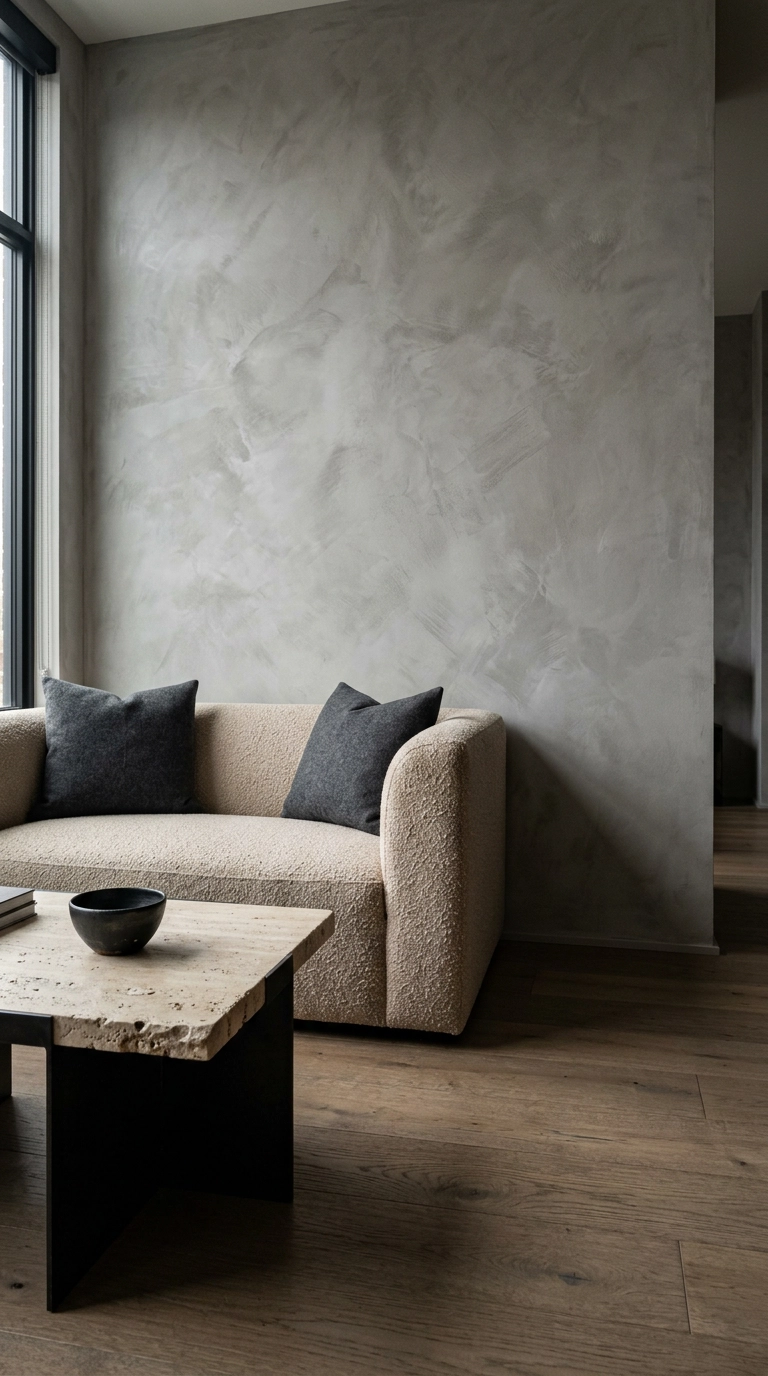 Mottled grey limewash plaster feature wall behind a beige bouclé loveseat