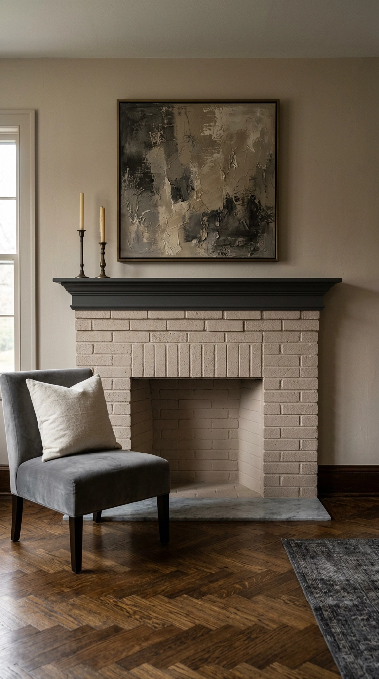 Beige painted brick fireplace with a charcoal grey mantel in a traditional living room