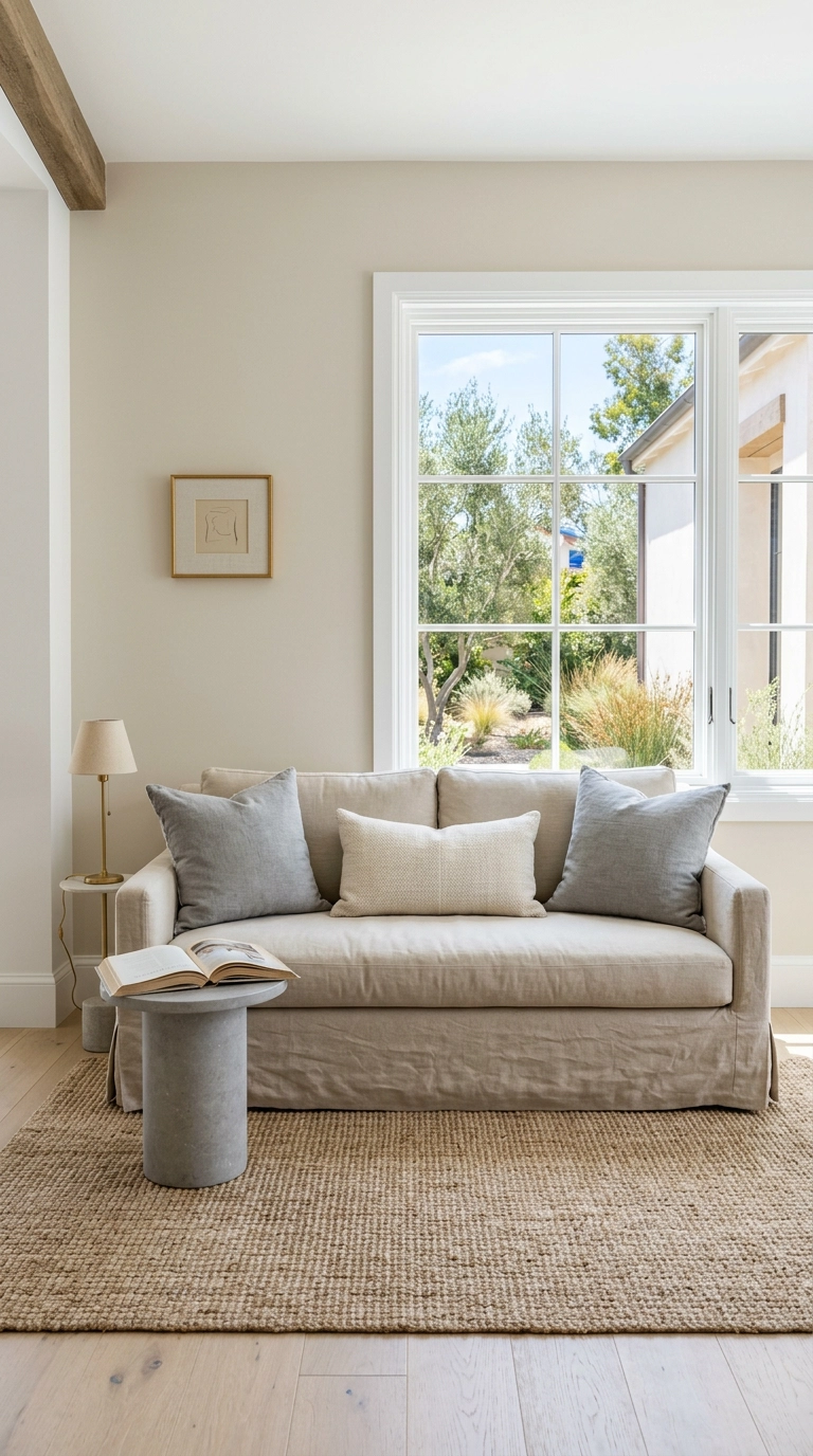 Beige linen slipcover sofa with grey pillows in a bright grey and beige living room