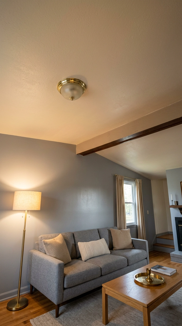 Warm beige painted ceiling above grey walls in a split-level living room