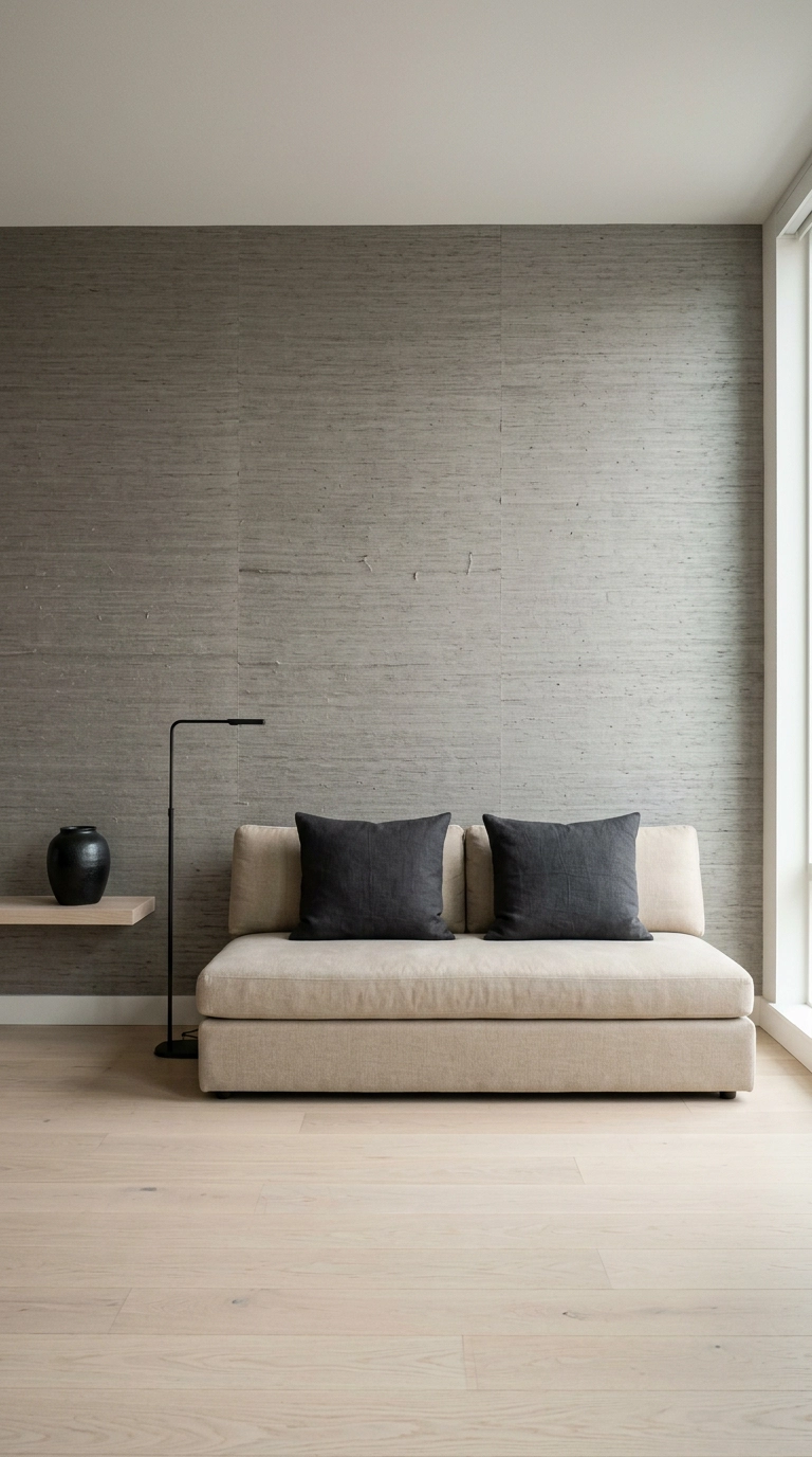 Grey grasscloth wallpaper wall behind a low beige sofa