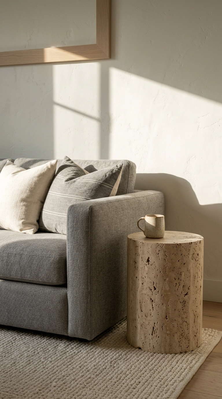 Beige travertine cylinder side table beside a mid-grey linen sofa