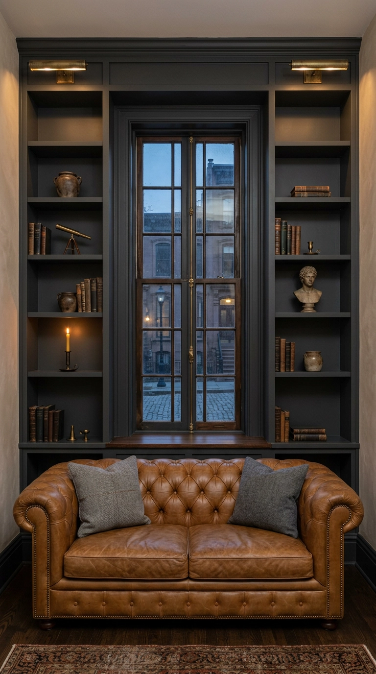 Charcoal grey built-in bookshelves against beige plaster walls with a tan leather sofa
