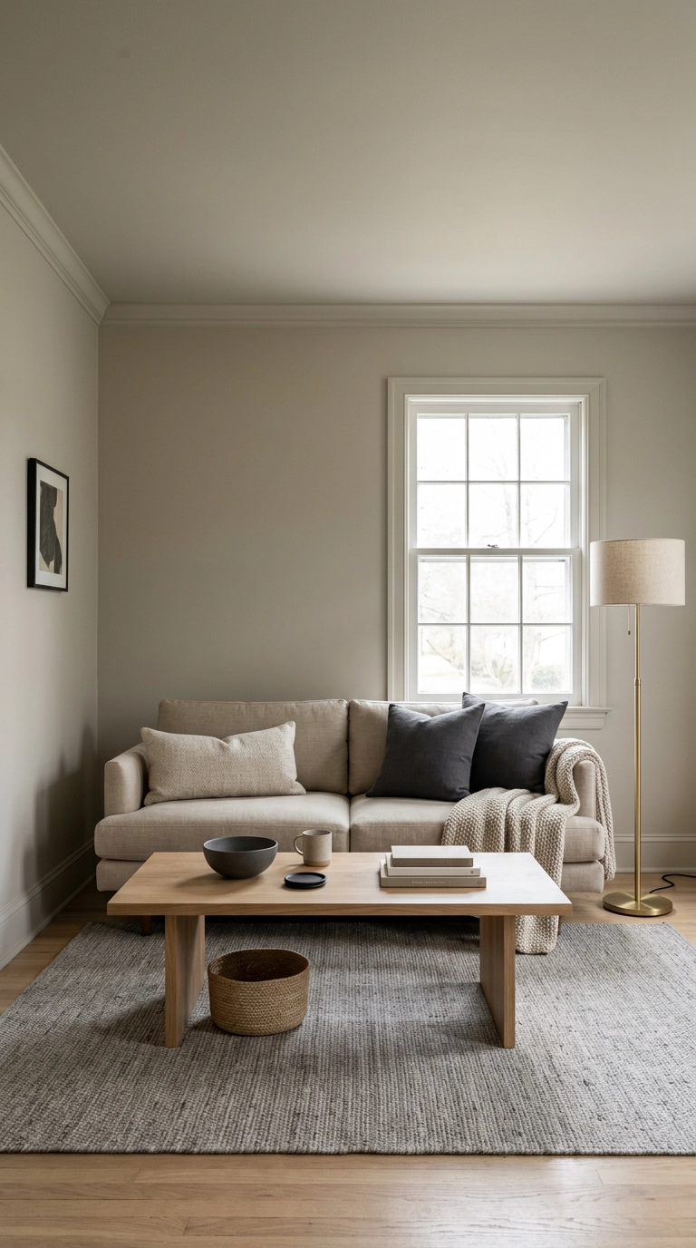 Grey and beige living room with color-drenched greige walls and a beige linen sofa