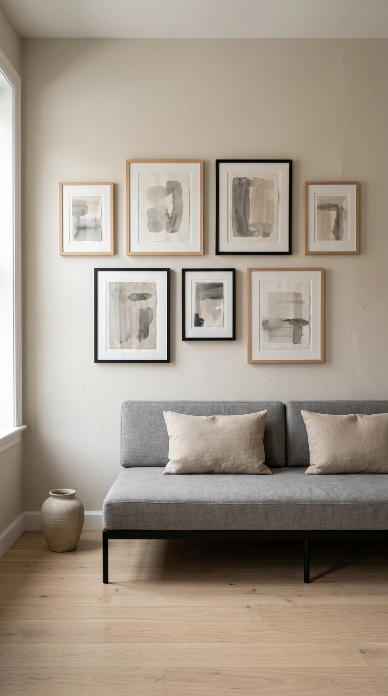 Tonal grey and beige gallery wall above a grey linen daybed sofa