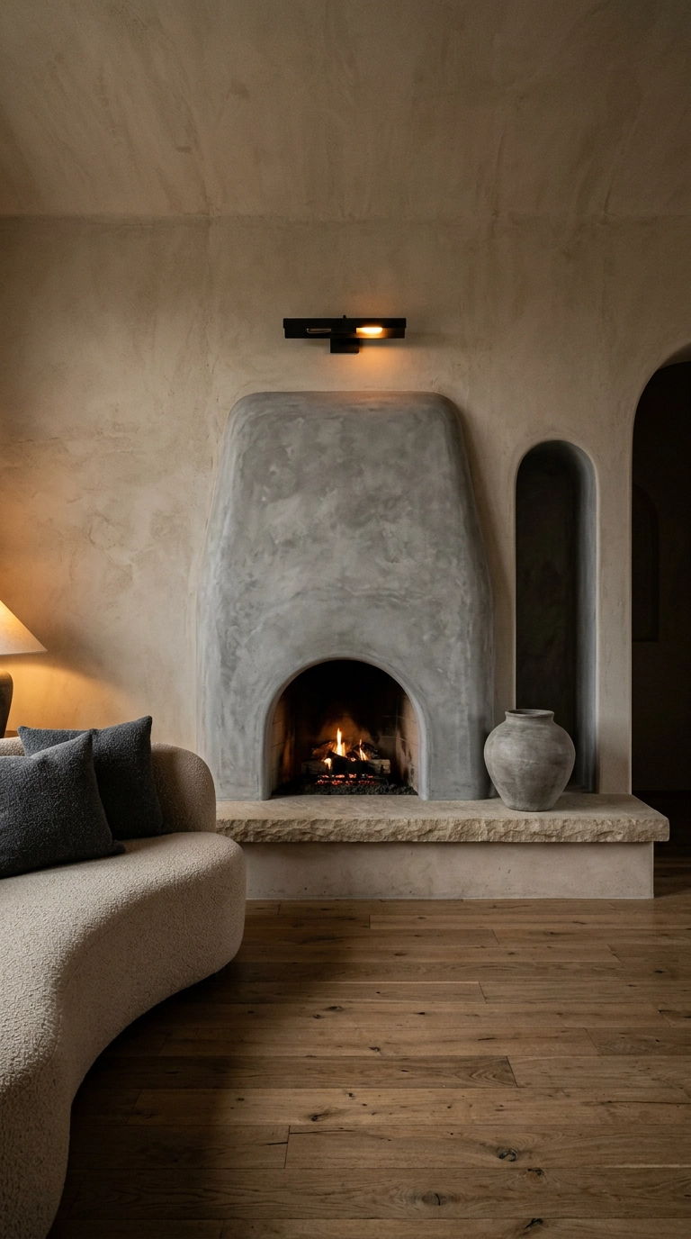 Rounded grey plaster fireplace with a beige limestone hearth in a modern organic living room