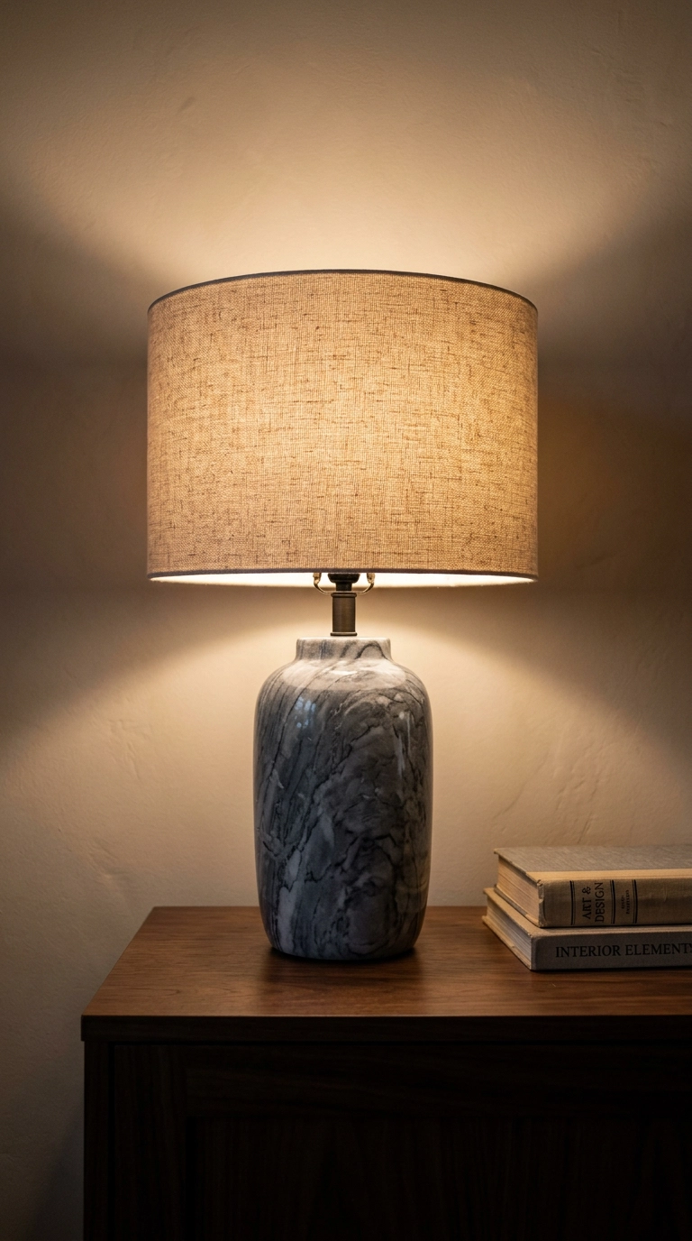 Grey marble table lamp with a beige linen shade on a walnut console