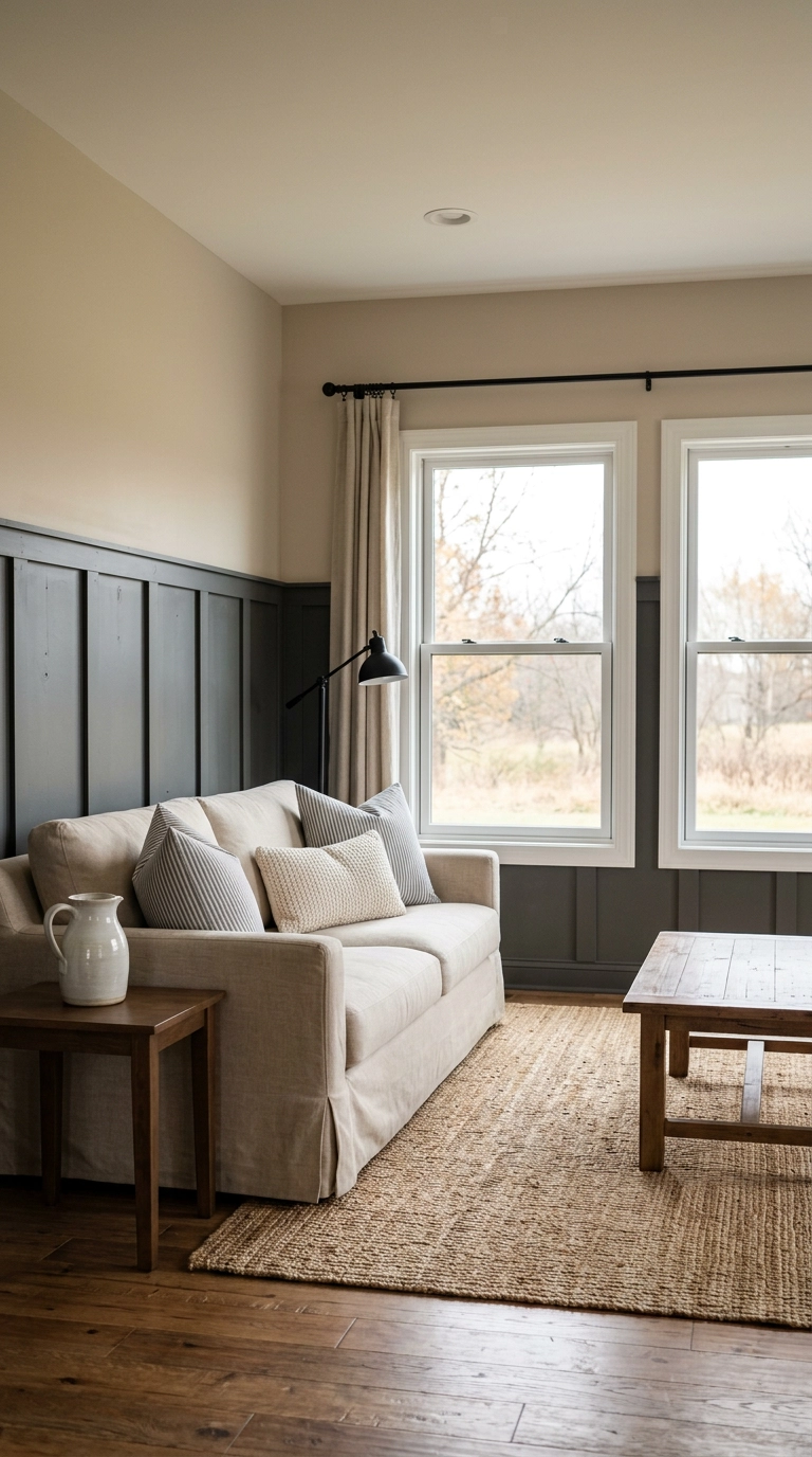 Grey board and batten wall molding under beige walls in a modern farmhouse living room