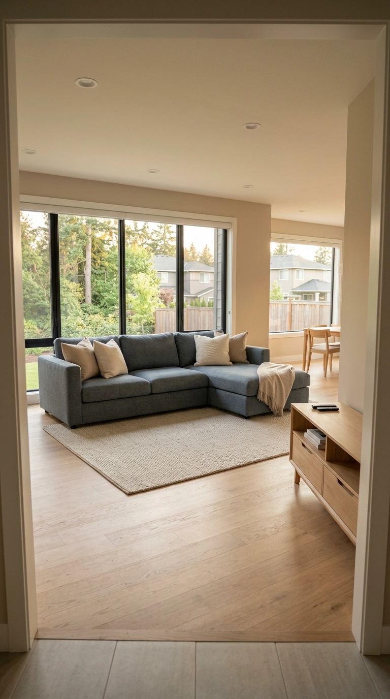 Slate grey sectional with beige pillows in a large open-plan grey and beige living room