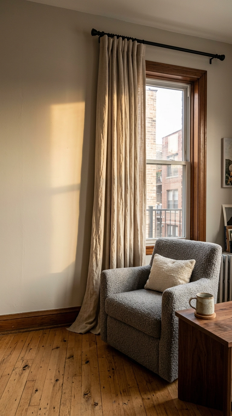 High-mounted beige linen curtains beside a grey bouclé armchair in a grey and beige living room