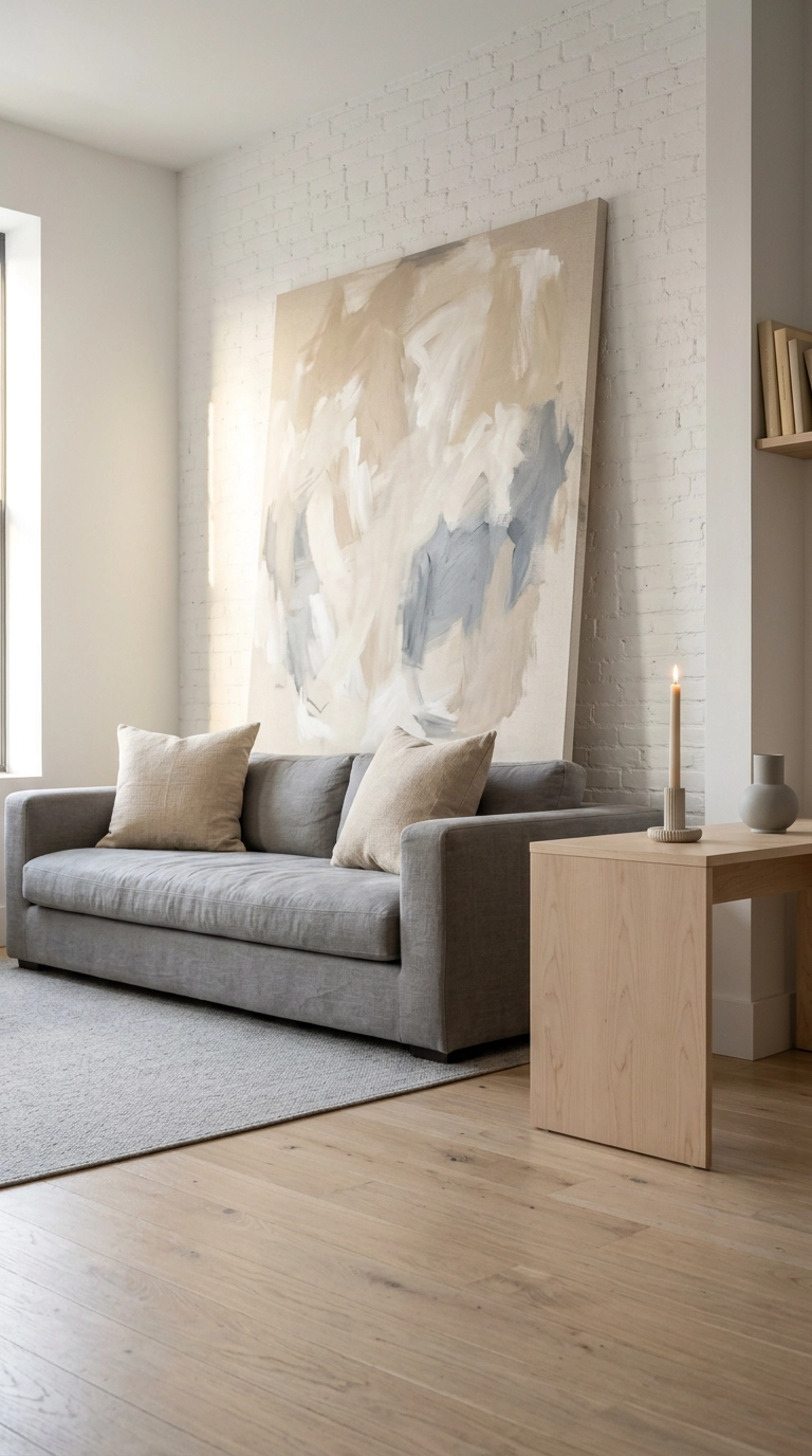 Oversized beige and grey abstract canvas leaning behind a grey linen sofa