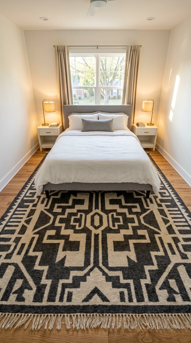 Charcoal and cream geometric rug anchoring a grey and white bedroom