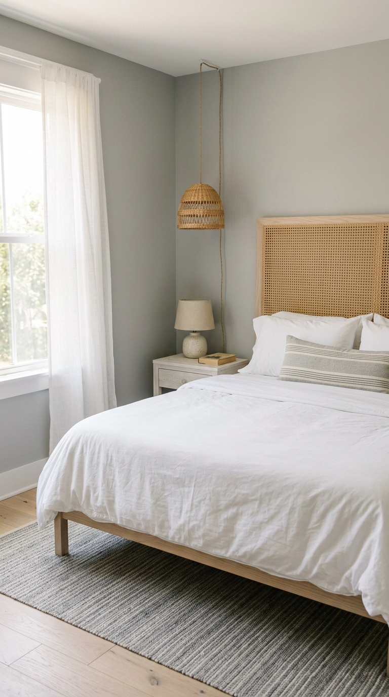 Cane webbing headboard and rattan pendant in a dove grey coastal bedroom