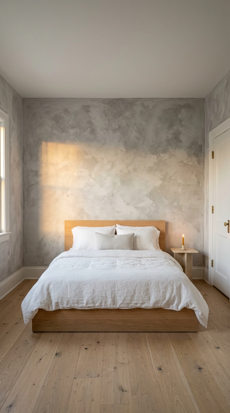 Mottled grey limewash plaster wall behind a white oak bed with linen bedding