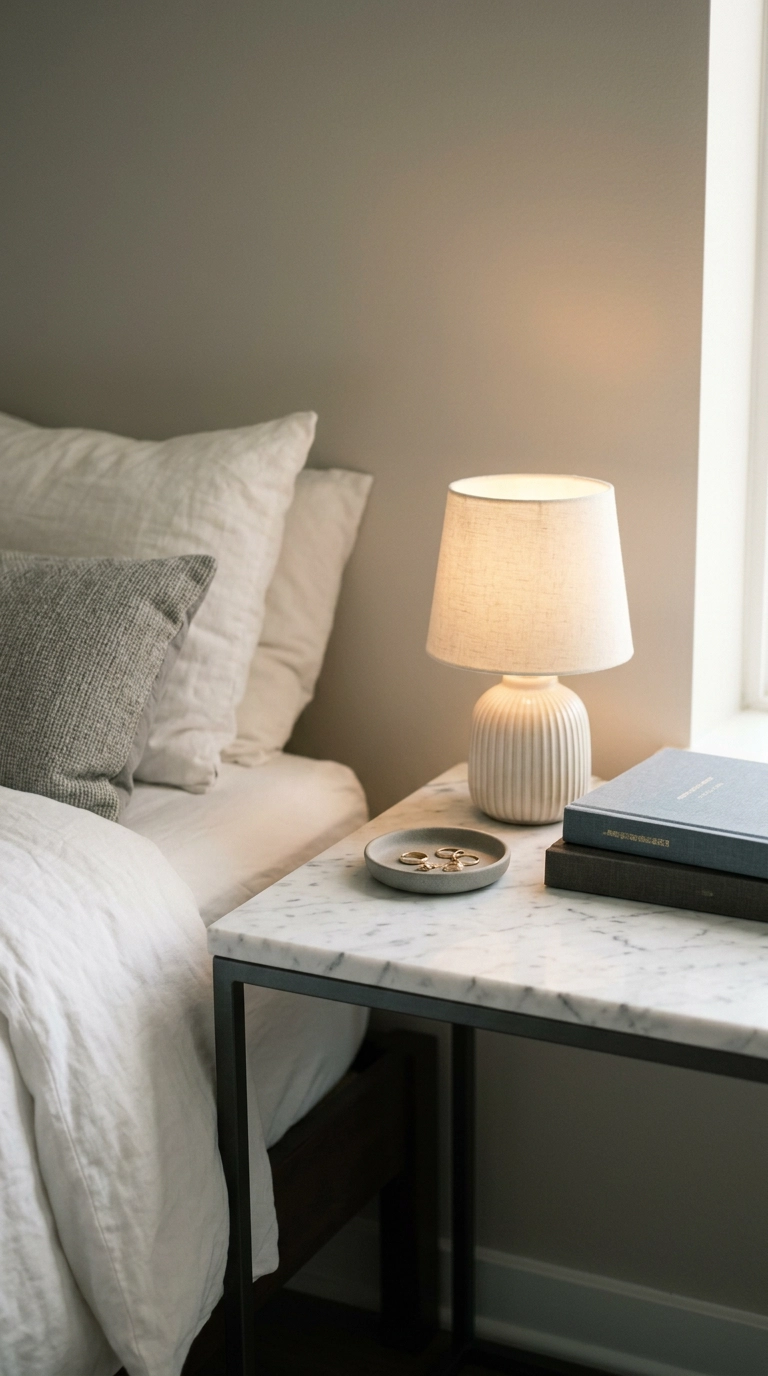 Honed Carrara marble nightstand with grey veining, ceramic lamp and two books