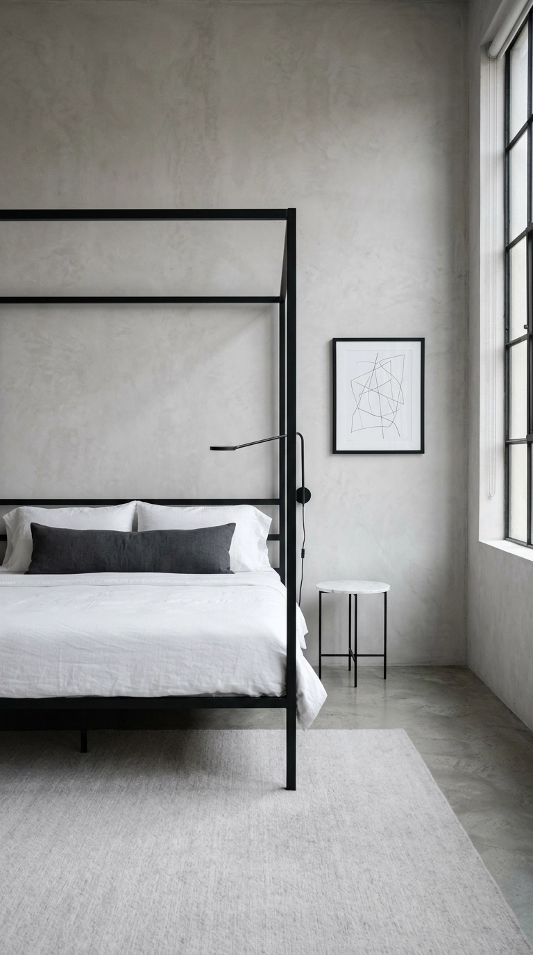 Black metal bed frame and sconce in a grey and white loft bedroom