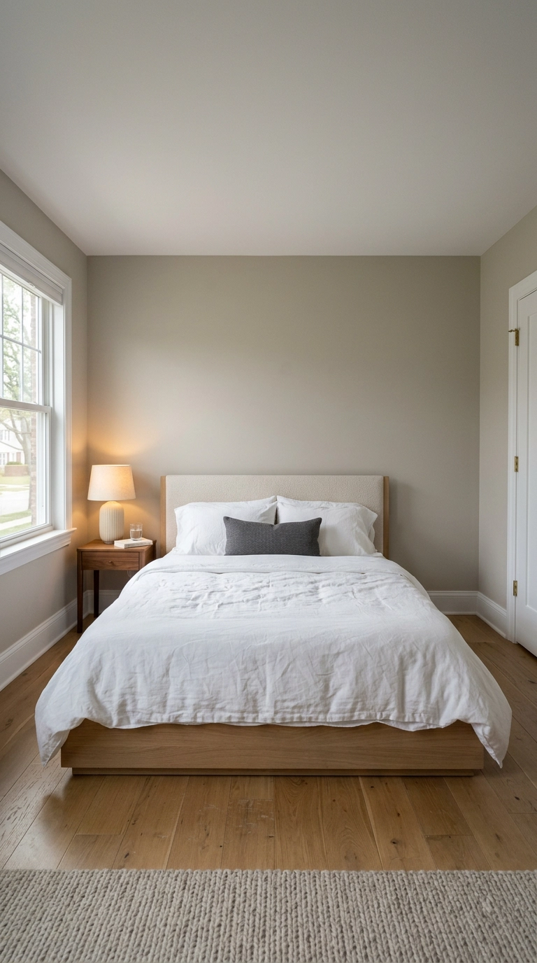 Warm greige bedroom walls with white trim, white oak bed and white linen bedding