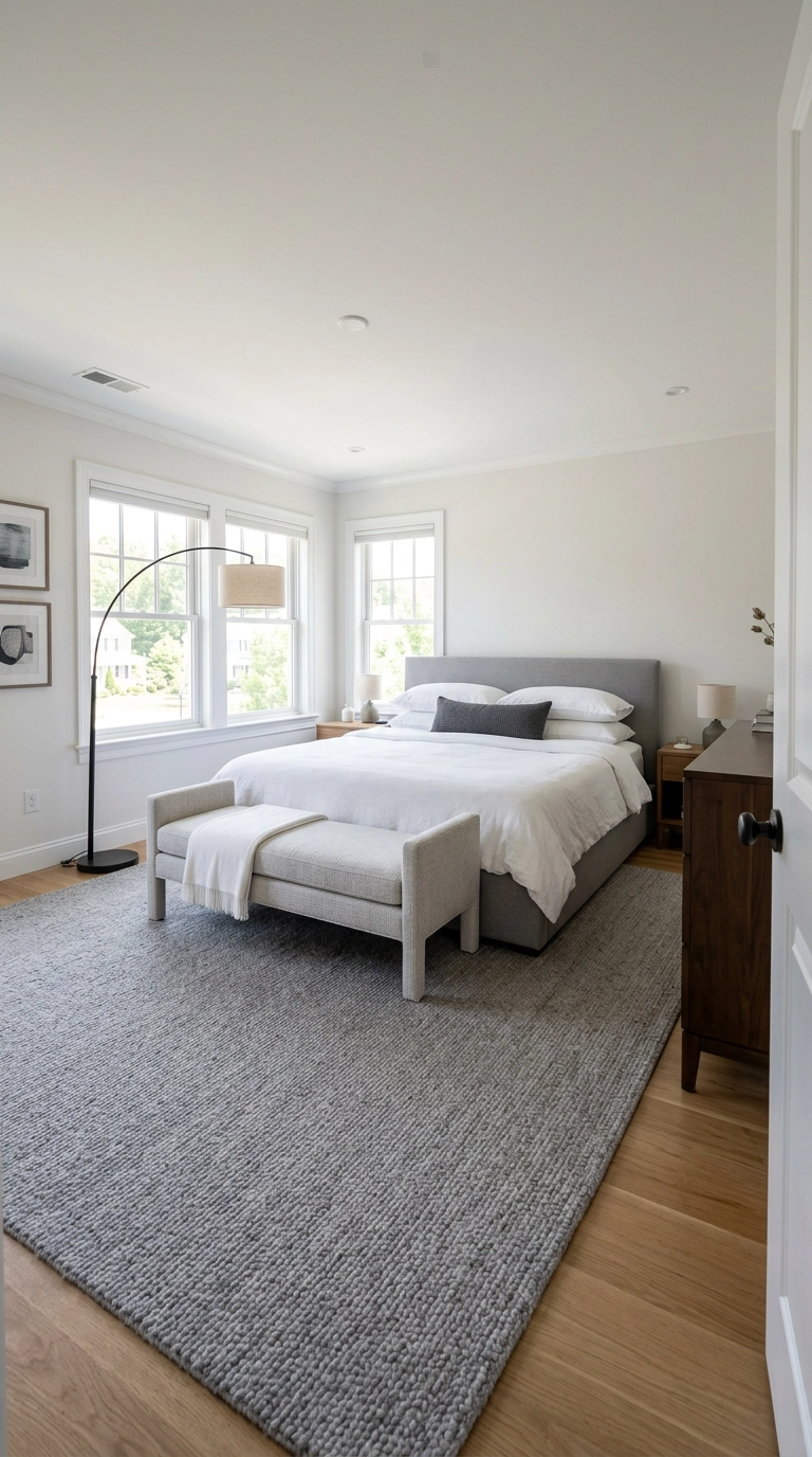 Pale grey upholstered bench at the foot of a white bed in a bright bedroom