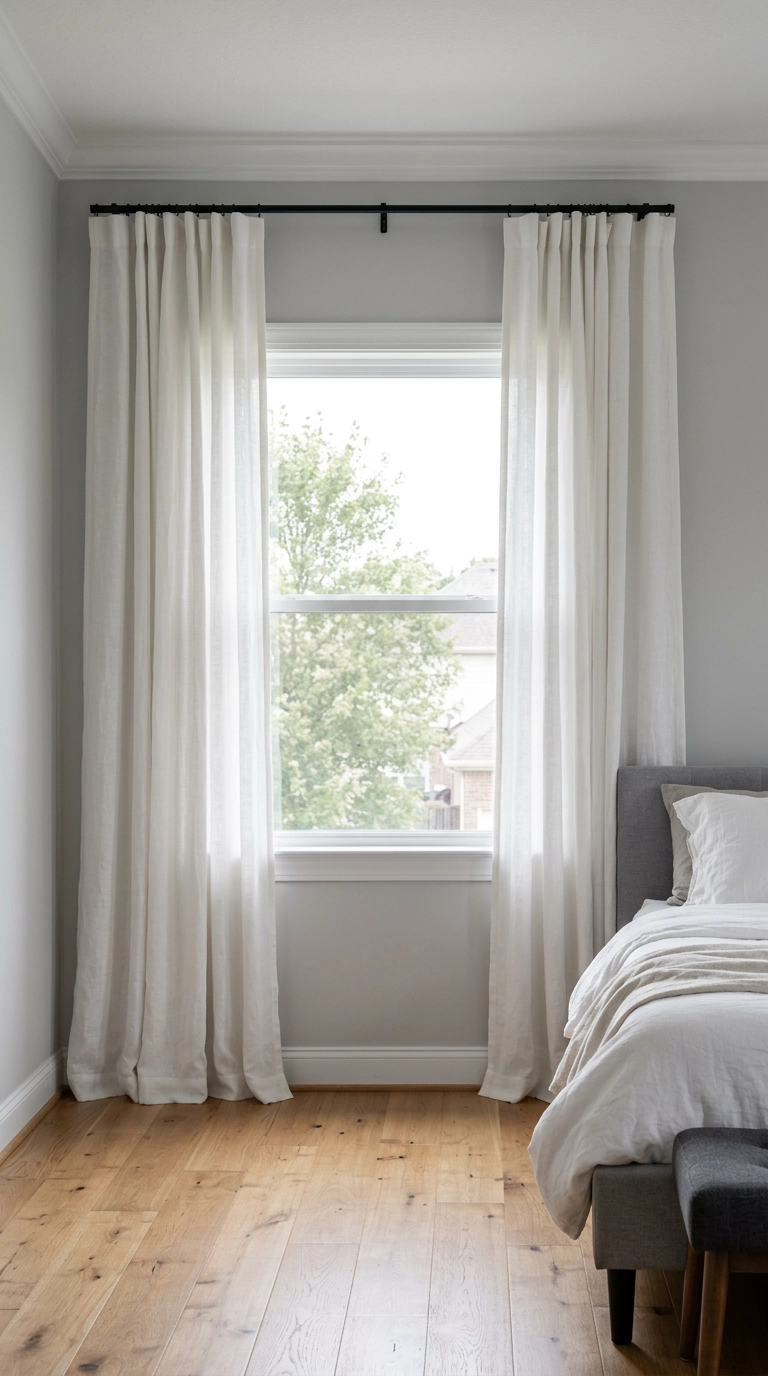 White linen curtains hung high and wide on a black rod in a grey bedroom