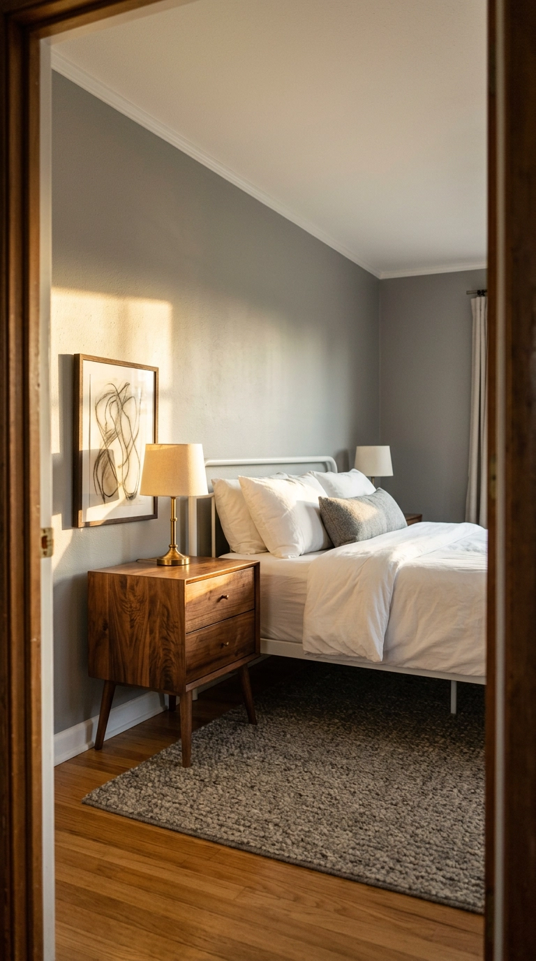 Walnut mid-century nightstand warming a grey and white bedroom with brass lamp