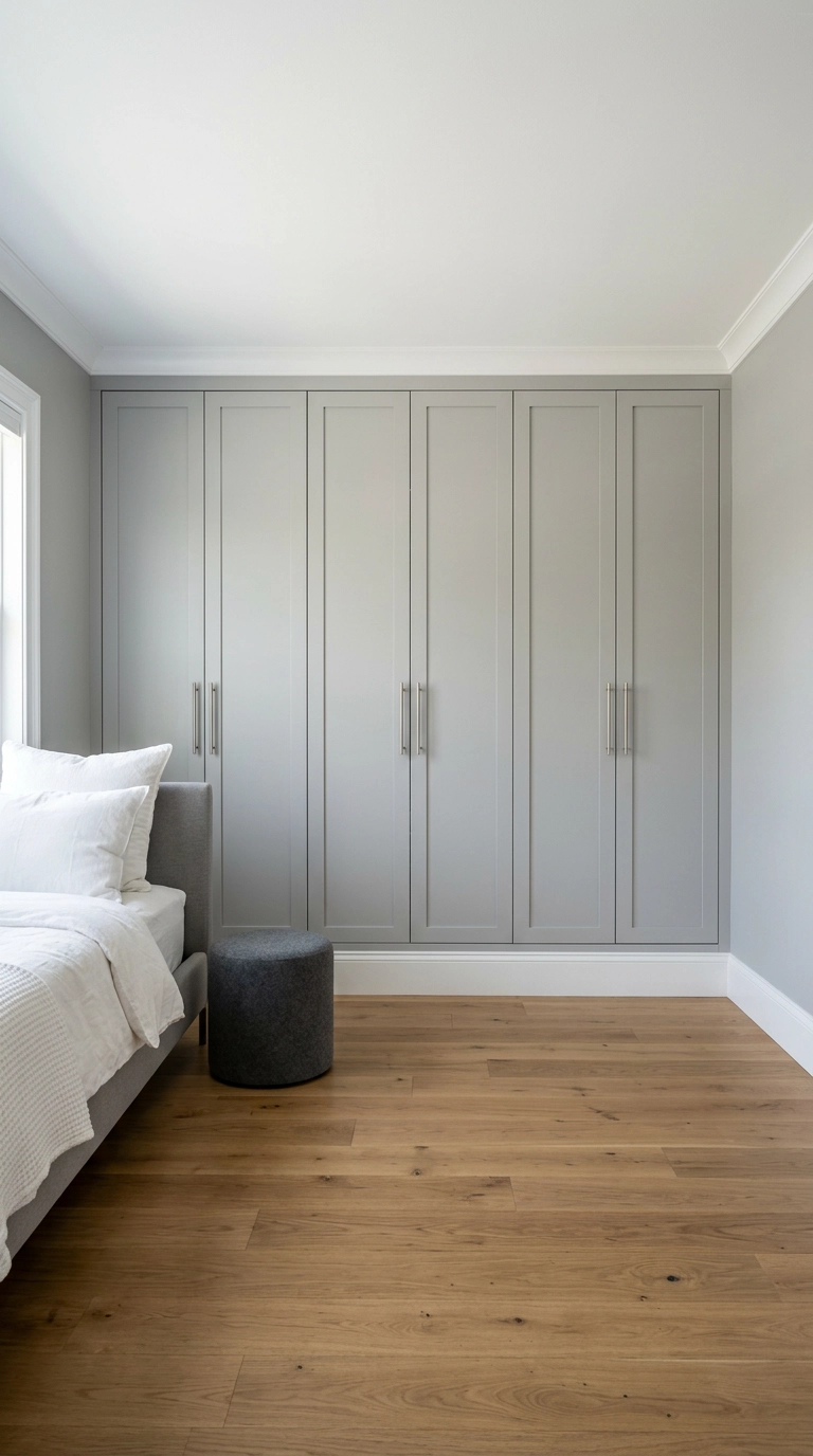 Built-in wardrobes painted the same grey as the bedroom walls with nickel handles