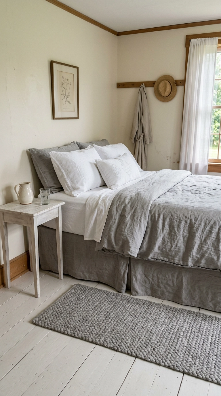Grey washed linen slipcovered bed with relaxed skirt and crisp white bedding