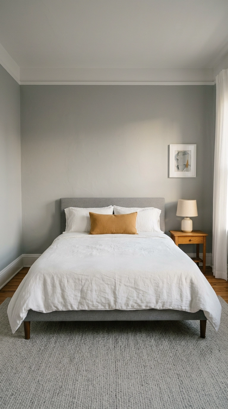 Muted ochre lumbar pillow as the single accent color in a grey and white bedroom