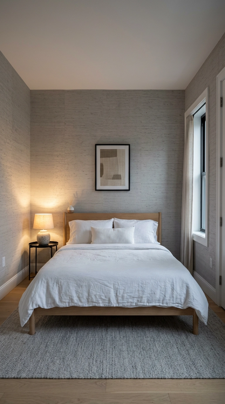 Pale grey grasscloth wallpaper in a small bedroom with white oak bed and white bedding