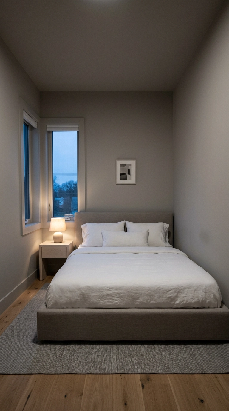 Small bedroom color drenched in soft grey on walls, trim and ceiling with white bedding