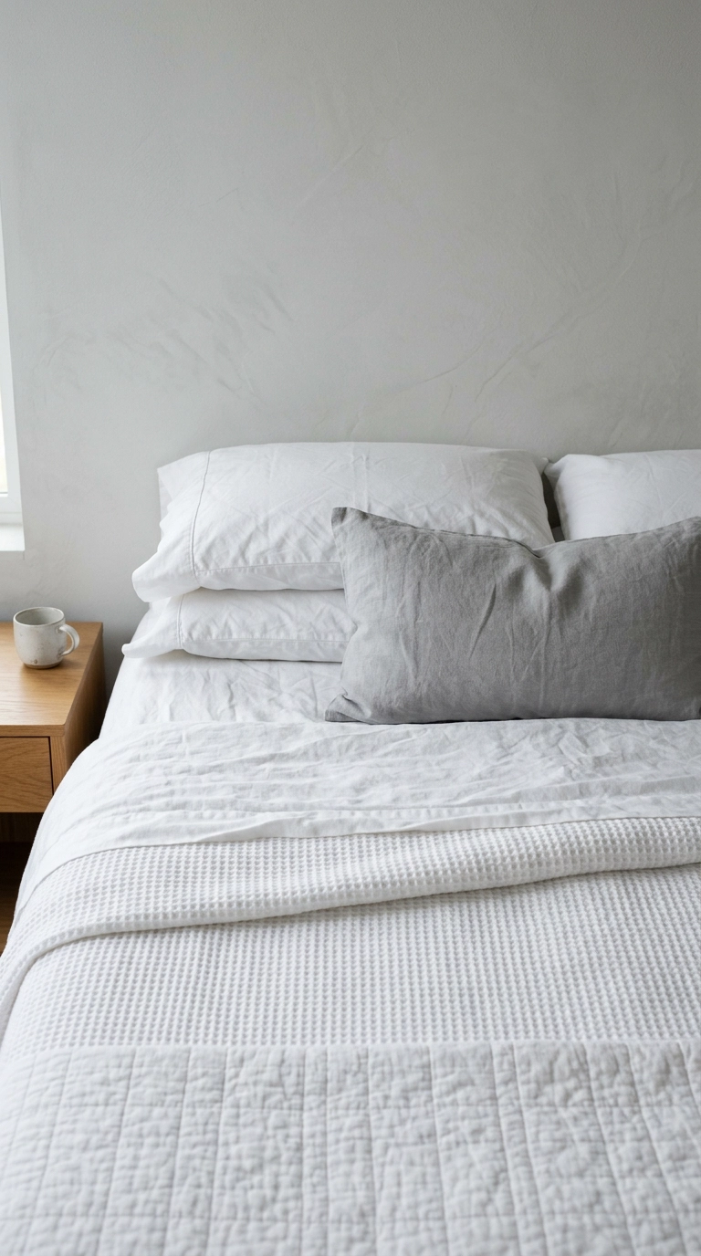 Layered white bedding in linen, waffle weave and quilted textures with a grey lumbar pillow