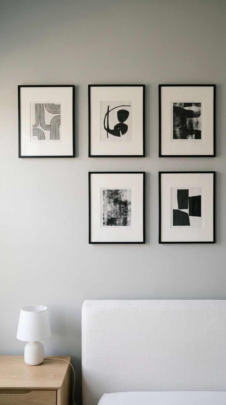Five black and white framed abstract prints in a grid on a grey bedroom wall