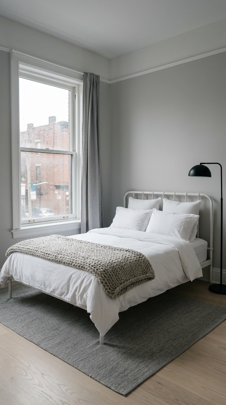 Grey and white bedroom with a chunky knit wool throw folded at the foot of a white bed