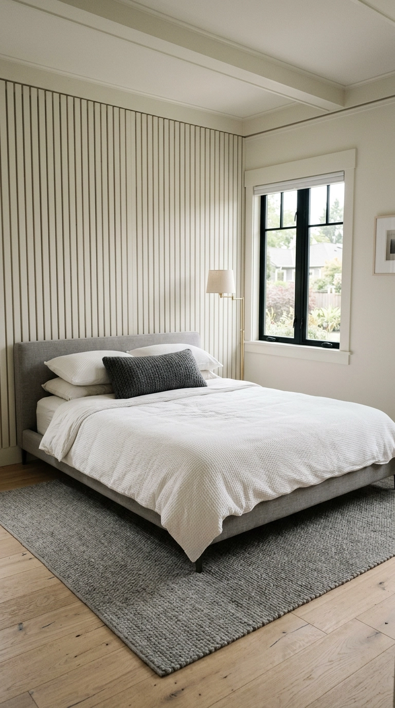 White vertical slat accent wall behind a grey upholstered bed in a small bedroom