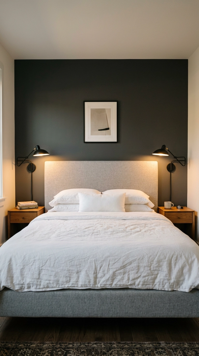 Charcoal grey accent wall behind an upholstered bed with white bedding and black sconces