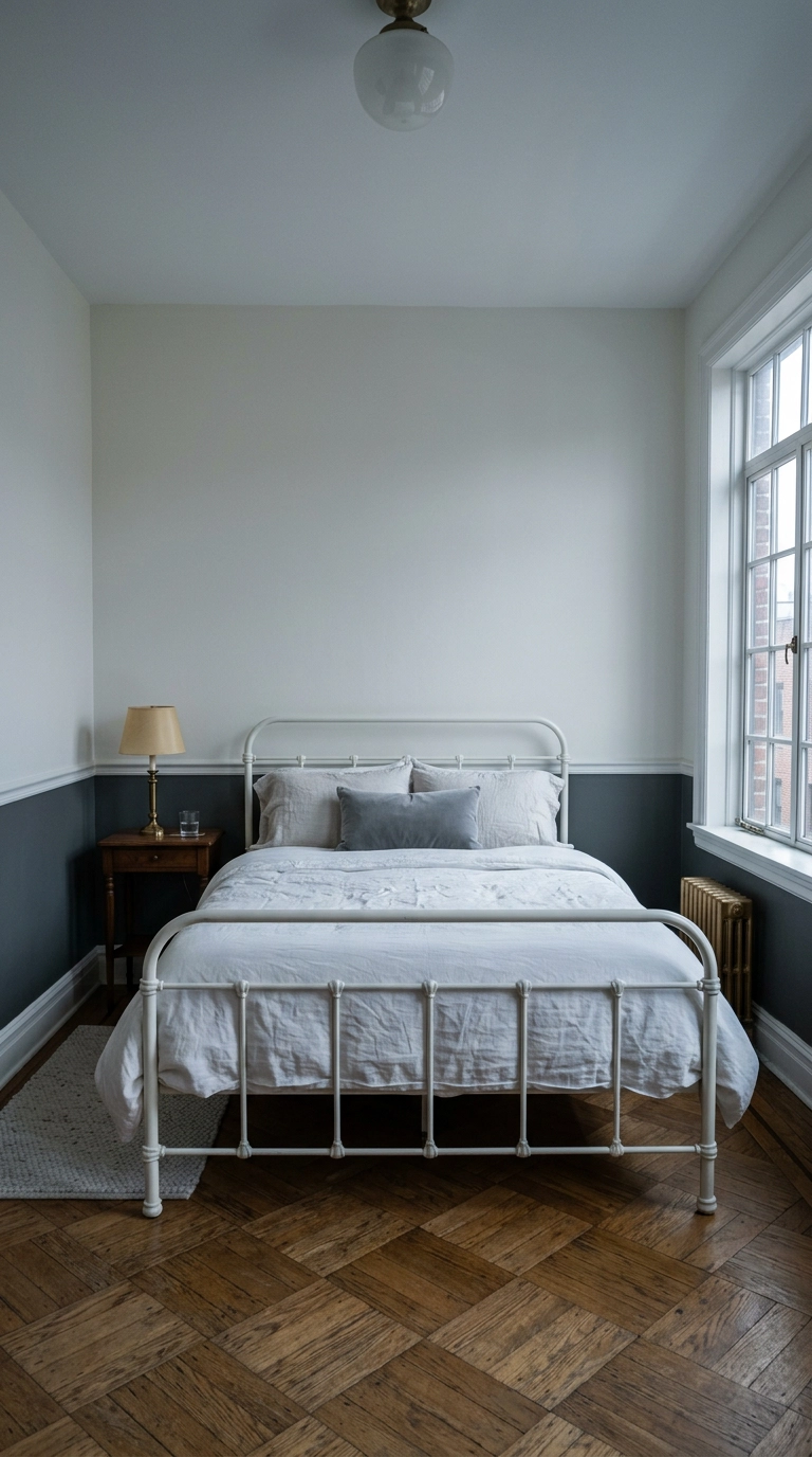 Two-tone bedroom walls with storm grey below and white above a chair rail