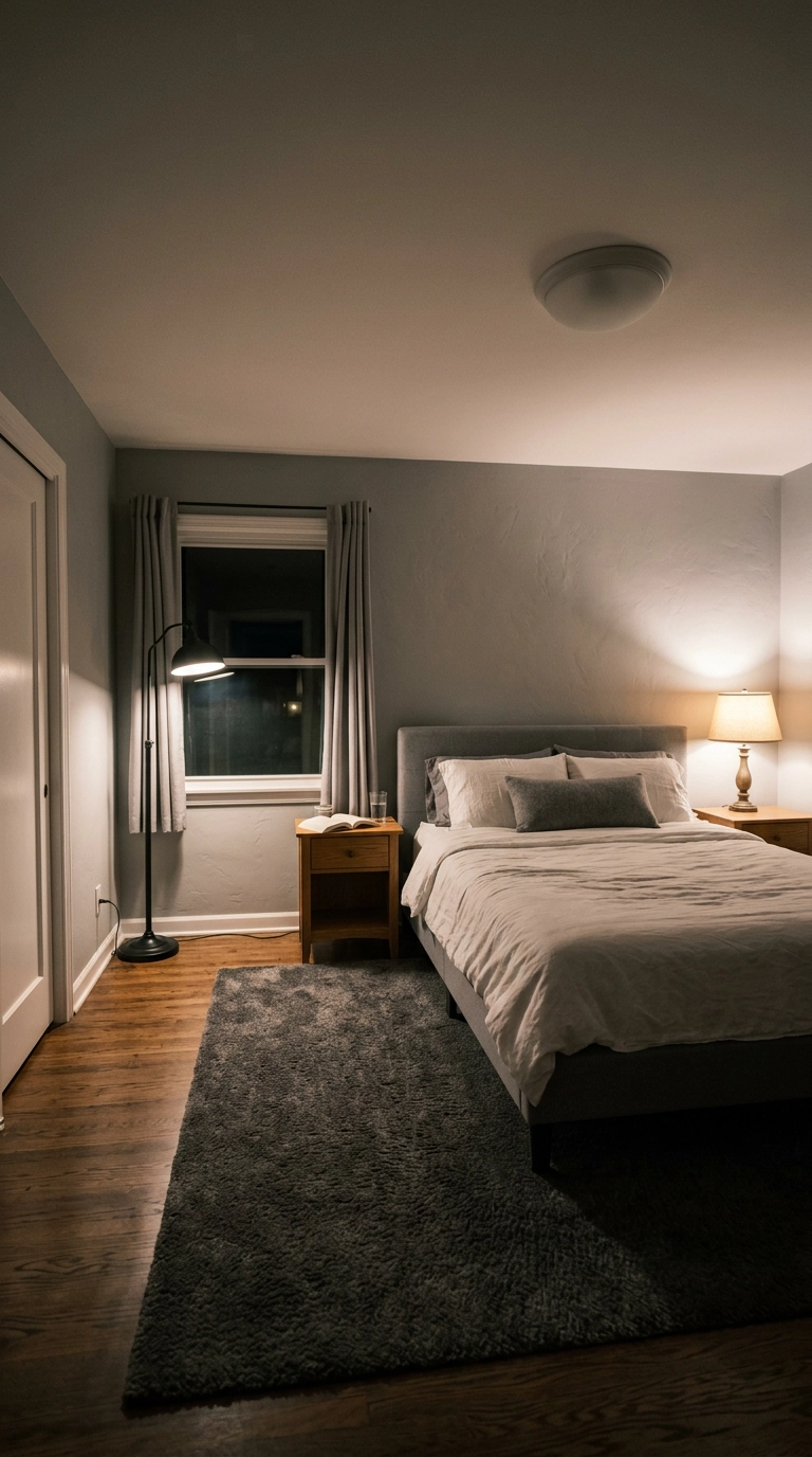 Grey and white bedroom lit at night by a table lamp and floor lamp at different heights
