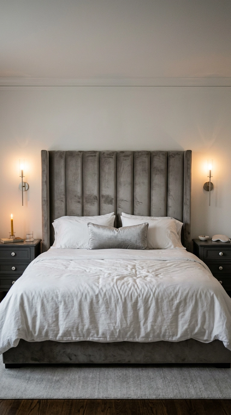 Grey velvet channel-tufted headboard with white bedding and nickel sconces