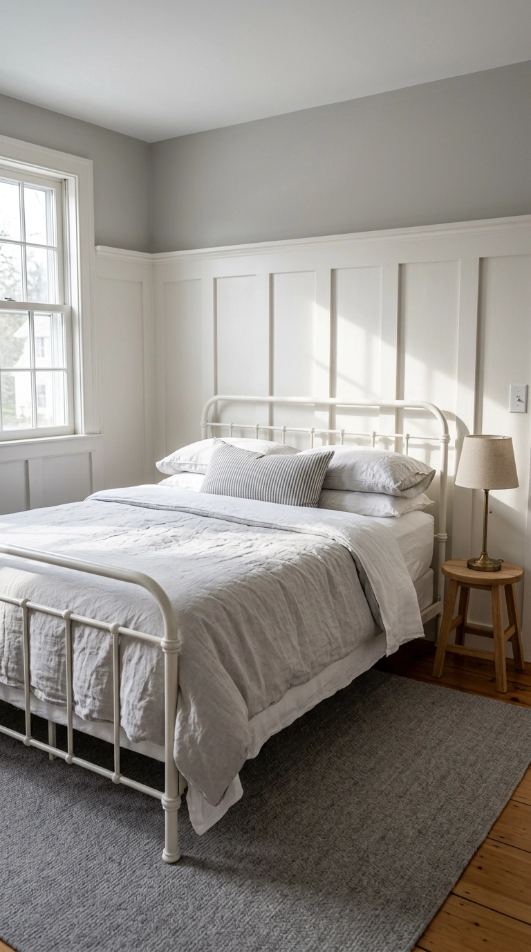 White board and batten wall molding below grey paint in a farmhouse bedroom