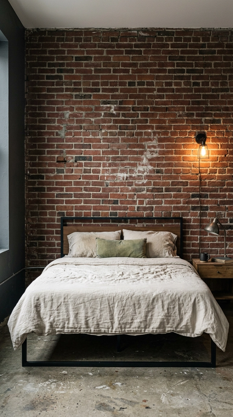 Aged exposed brick bedroom wall with uneven mortar and a bare-bulb sconce