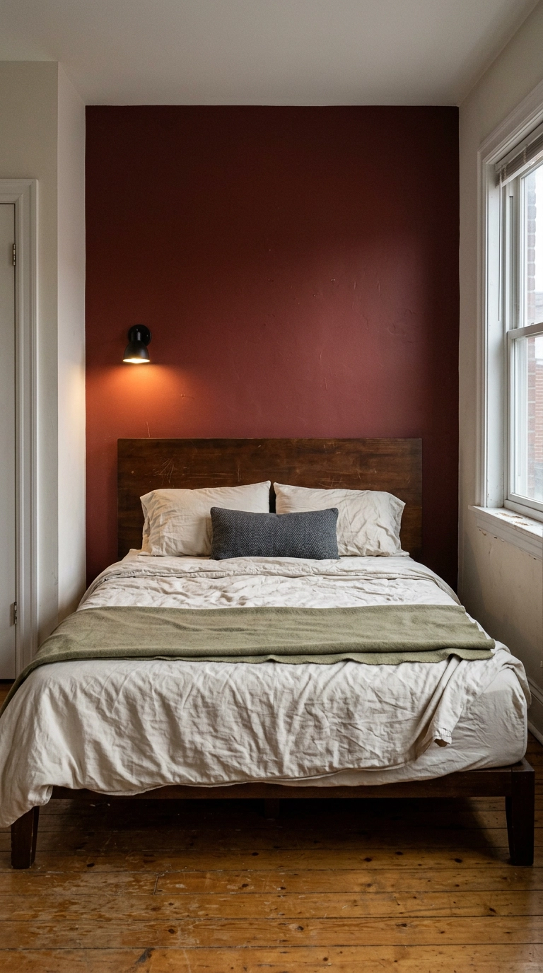 Low bed with wrinkled dirty cream washed cotton bedding against an oxblood wall