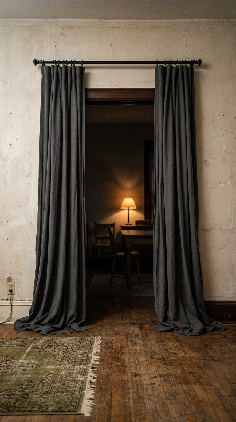 Doorway framed by heavy charcoal curtains with a dim lamplit room beyond