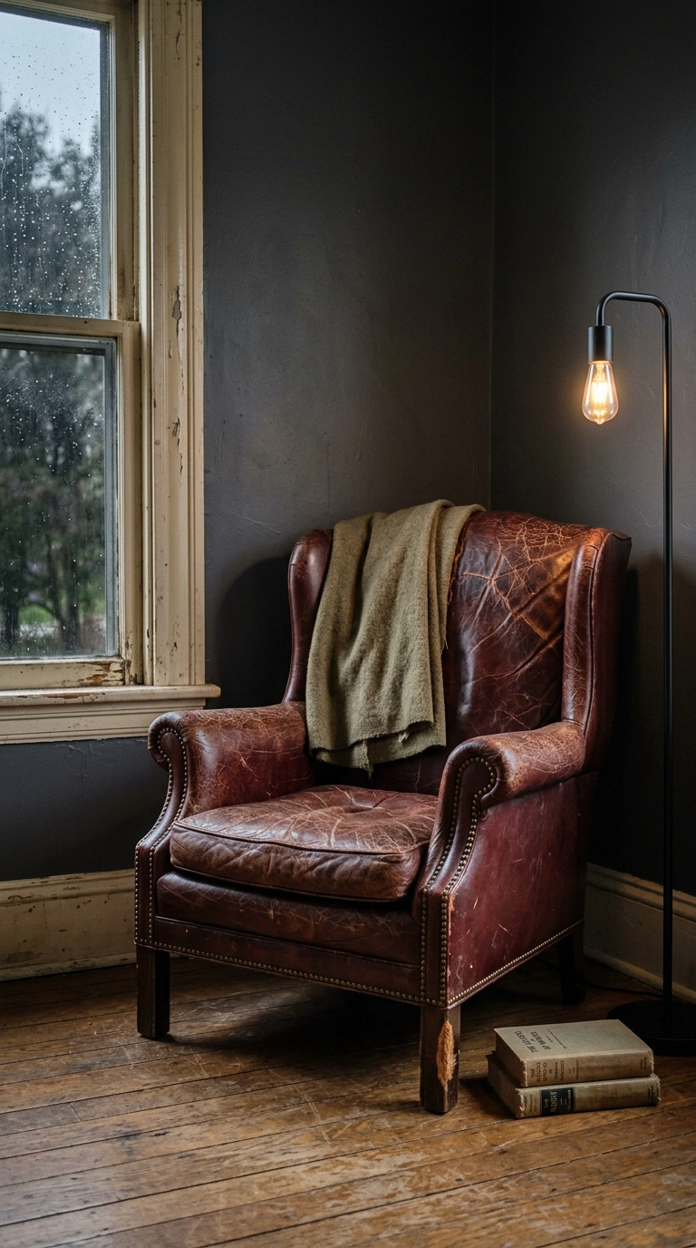 Cracked oxblood vintage leather club chair with an olive blanket over the back