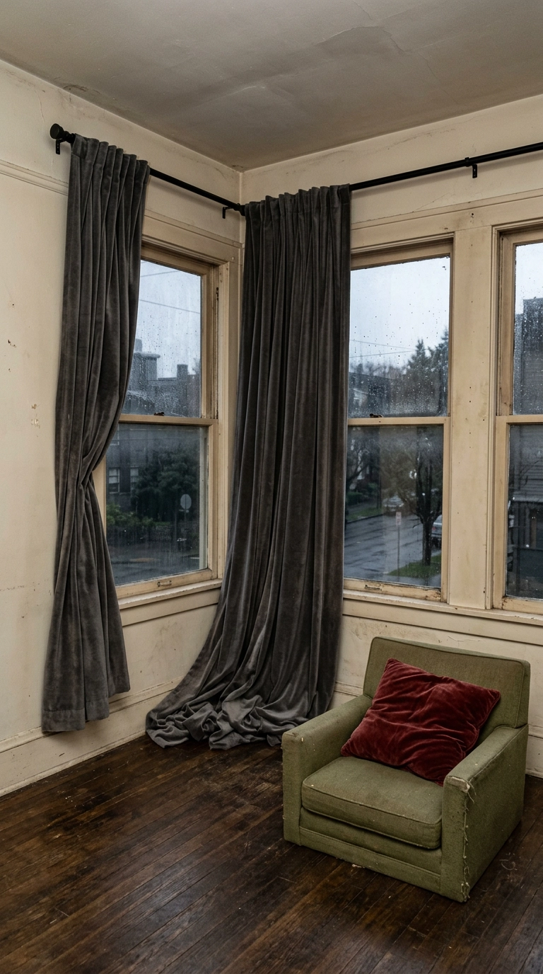 Heavy charcoal velvet curtains hung high and puddling on a worn oak floor
