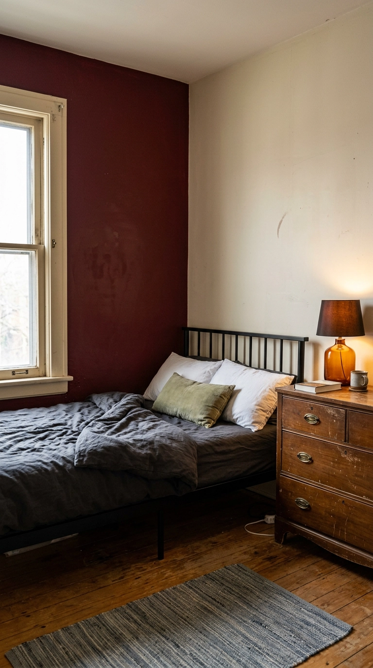 Deep oxblood accent wall in a bedroom with charcoal bedding and worn walnut dresser